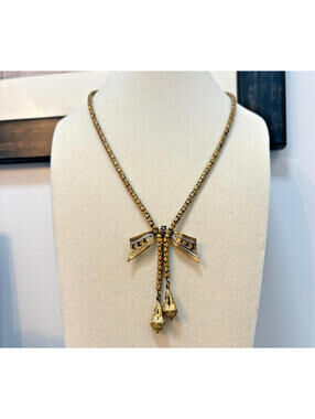 Vintage Gold Tone Damascene Bow Pendant Necklace 16" Snake Chain